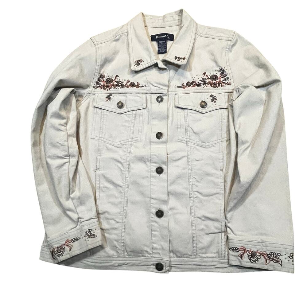 Denim & Co Cream Embroidered Beaded Denim‎ Jacket Womens Medium